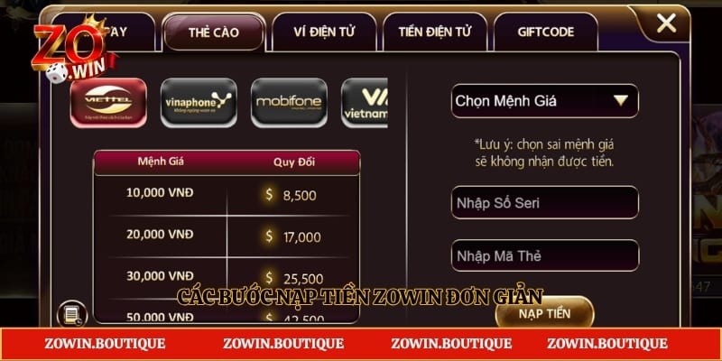 Các bước nạp tiền Zowin đơn giản