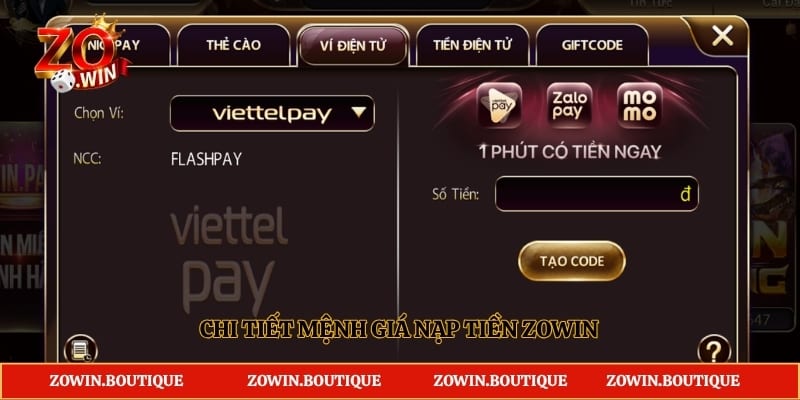 Chi tiết mệnh giá nạp tiền Zowin